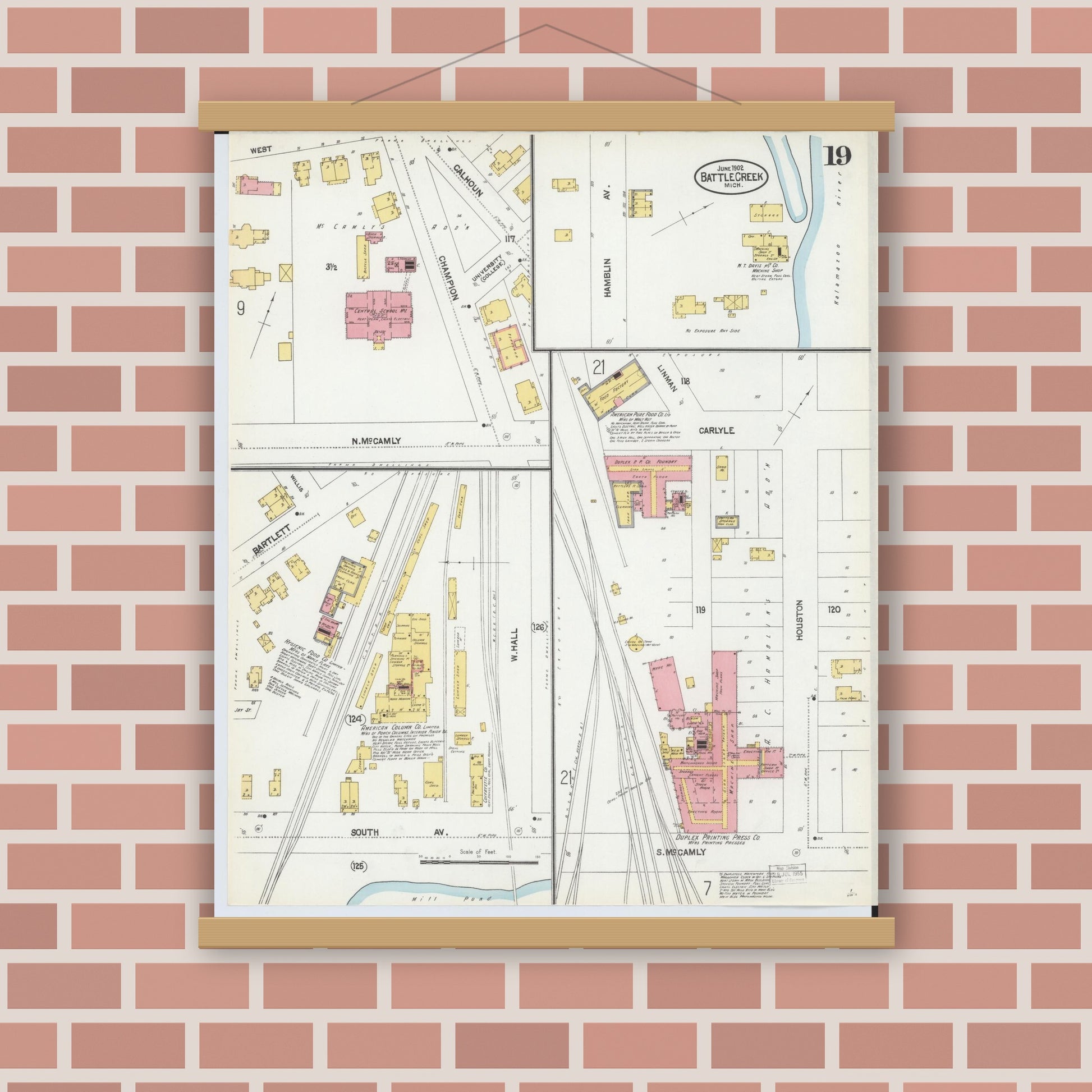Old map wall art mockup — magnetic wood frame on brick wall — Sanborn Fire Insurance Map from Battle Creek, Calhoun County, Michigan (1902), Sheet #0019