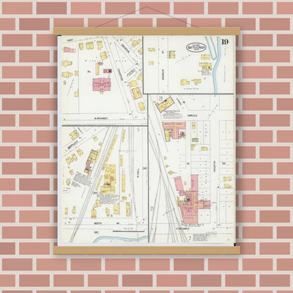 Old map wall art mockup — magnetic wood frame on brick wall — Sanborn Fire Insurance Map from Battle Creek, Calhoun County, Michigan (1902), Sheet #0019