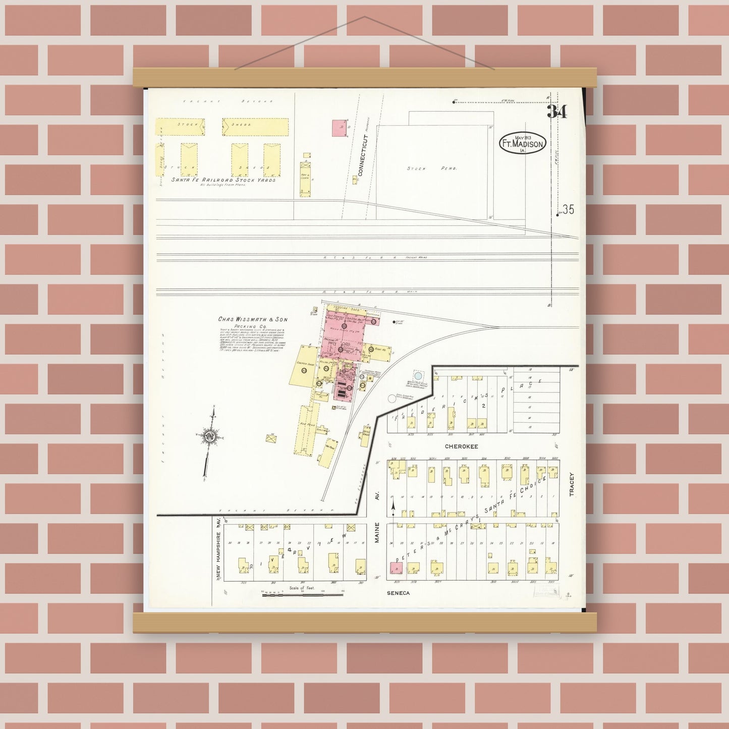 Old map wall art mockup — magnetic wood frame on brick wall — Sanborn Fire Insurance Map from Fort Madison, Lee County, Iowa (1913), Sheet #0034