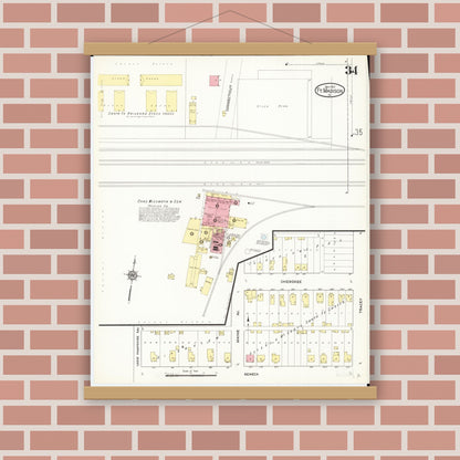 Old map wall art mockup — magnetic wood frame on brick wall — Sanborn Fire Insurance Map from Fort Madison, Lee County, Iowa (1913), Sheet #0034