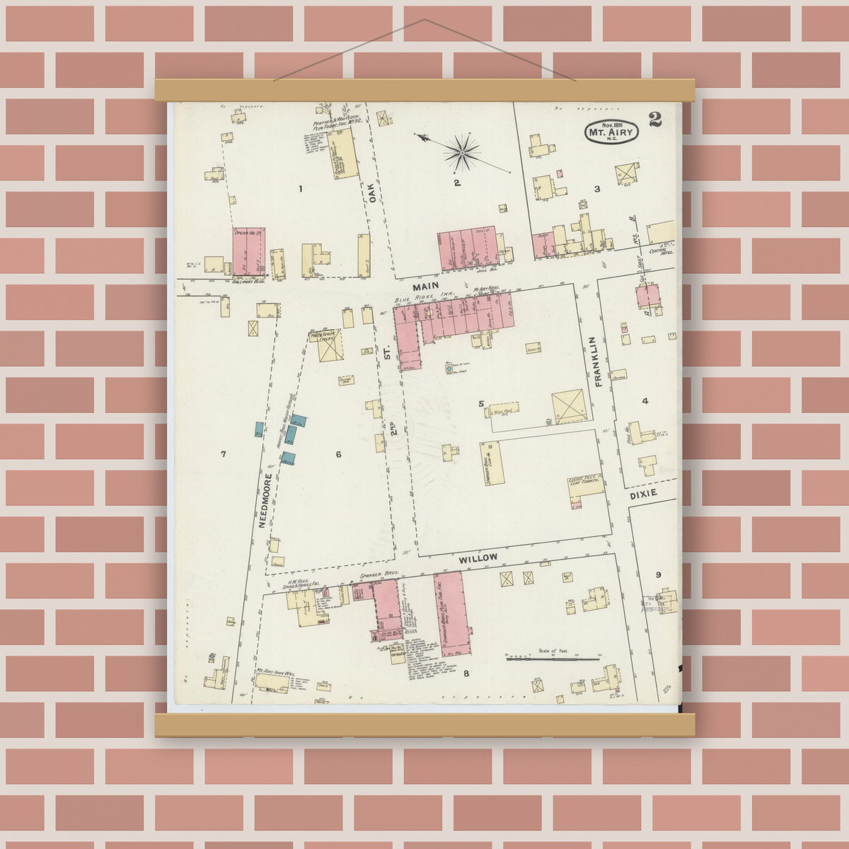 Old map wall art mockup — magnetic wood frame on brick wall — Sanborn Fire Insurance Map from Mount Airy, Surry County, North Carolina (1891), Sheet #0002