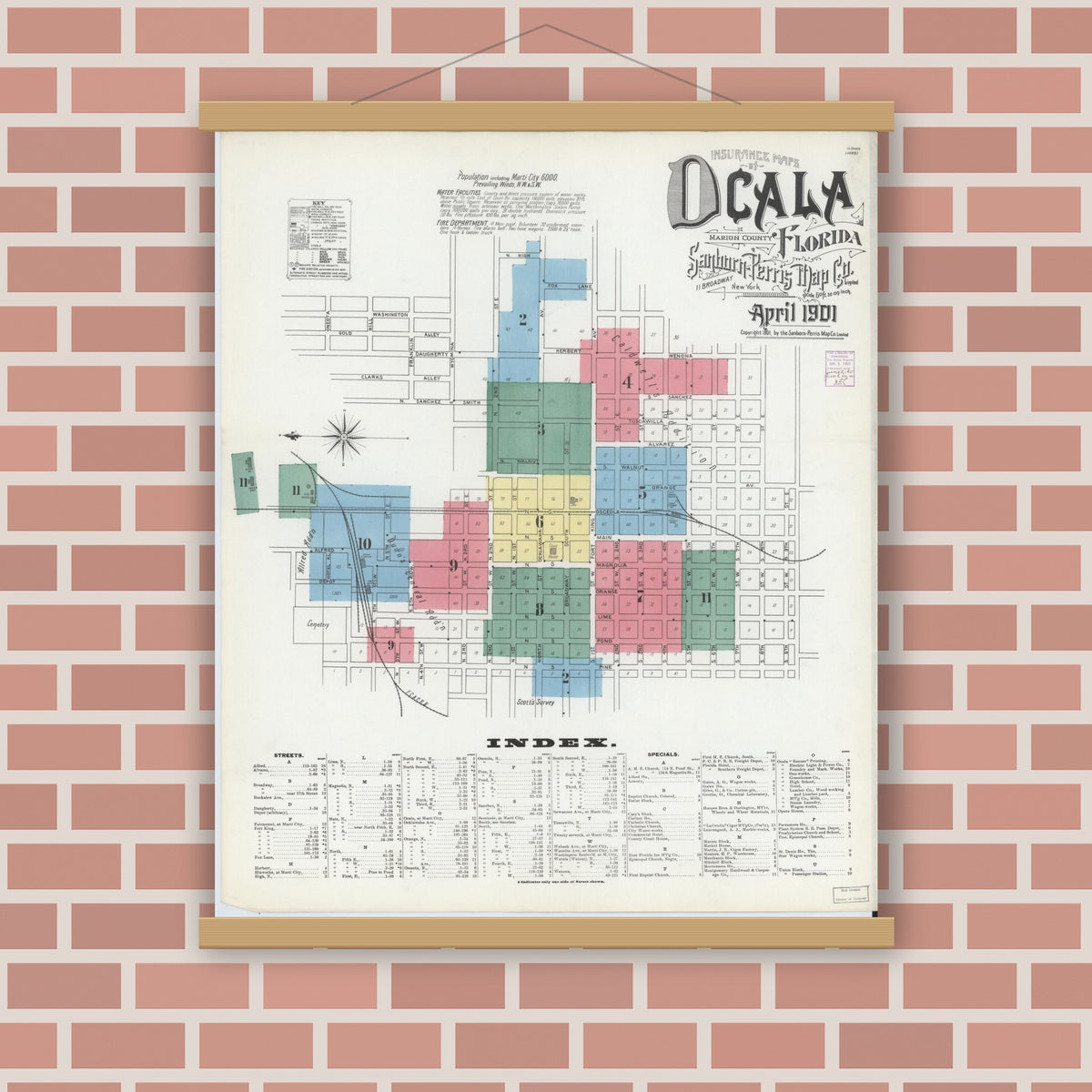 Old map wall art mockup — magnetic wood frame on brick wall — Sanborn Fire Insurance Map from Ocala, Marion County, Florida (1901) - Complete Map Set