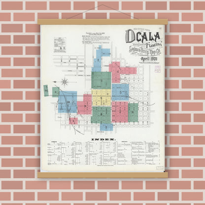 Old map wall art mockup — magnetic wood frame on brick wall — Sanborn Fire Insurance Map from Ocala, Marion County, Florida (1901) - Complete Map Set