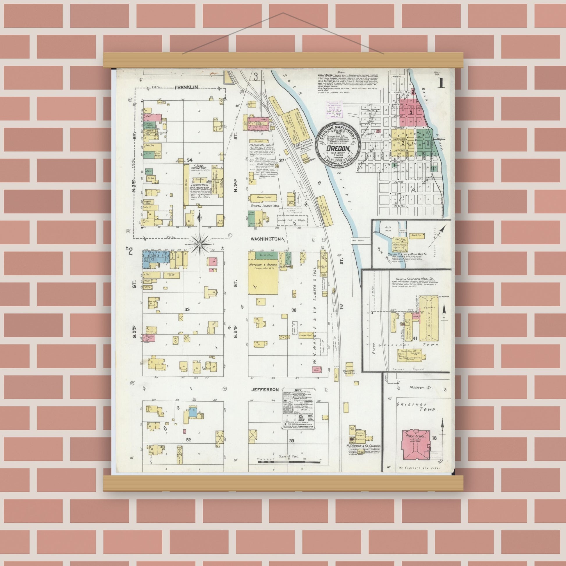 Old map wall art mockup — magnetic wood frame on brick wall — Sanborn Fire Insurance Map from Oregon, Ogle County, Illinois (1905), Sheet #0001