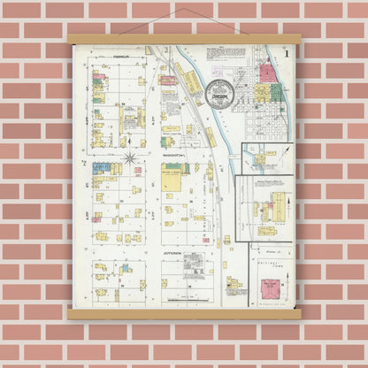 Old map wall art mockup — magnetic wood frame on brick wall — Sanborn Fire Insurance Map from Oregon, Ogle County, Illinois (1905), Sheet #0001