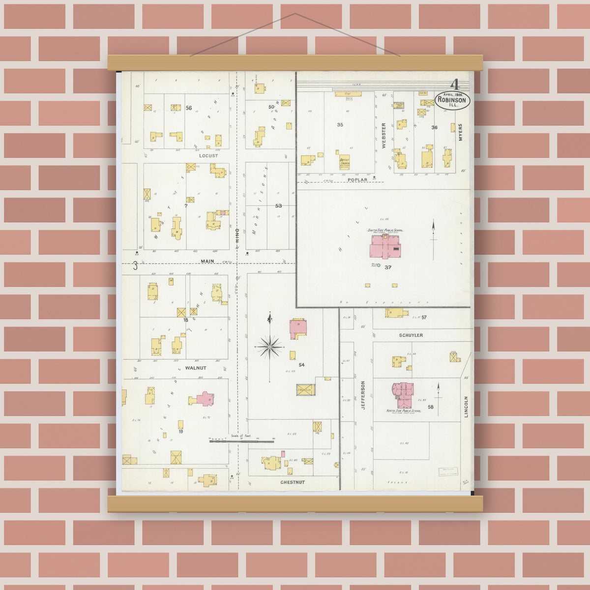 Old map wall art mockup — magnetic wood frame on brick wall — Sanborn Fire Insurance Map from Robinson, Crawford County, Illinois (1906), Sheet #0004