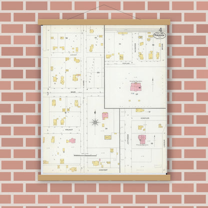 Old map wall art mockup — magnetic wood frame on brick wall — Sanborn Fire Insurance Map from Robinson, Crawford County, Illinois (1906), Sheet #0004