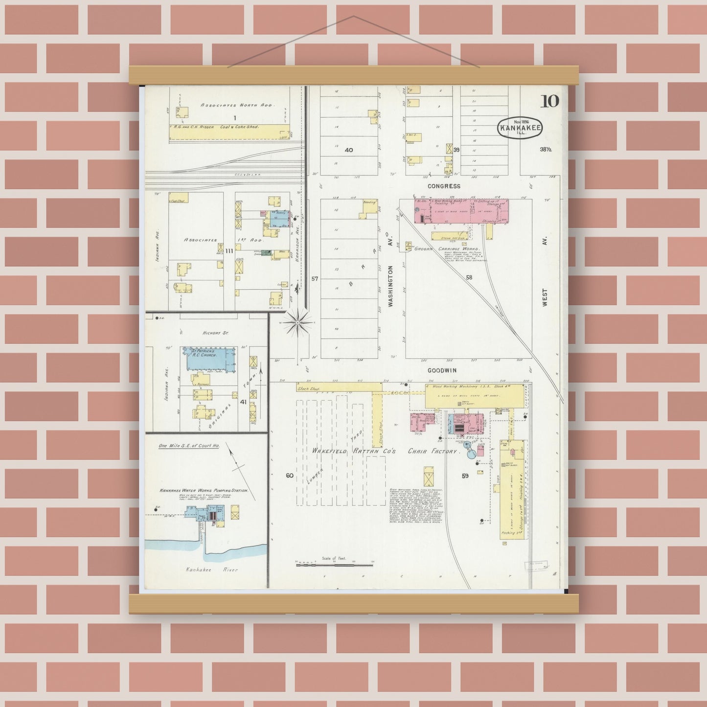 Old map wall art mockup — magnetic wood frame on brick wall — Sanborn Fire Insurance Map from Kankakee, Kankakee County, Illinois (1896), Sheet #0010