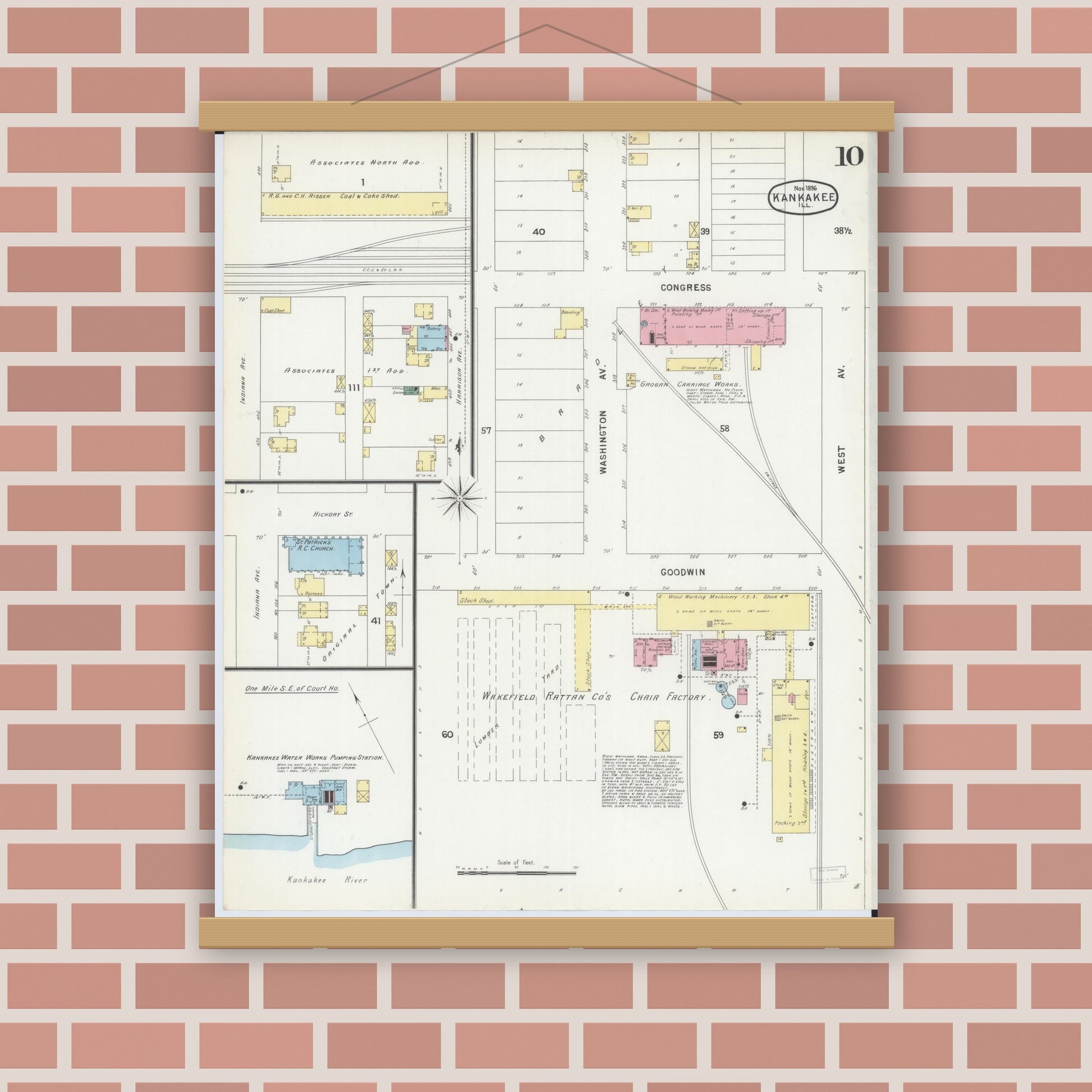 Old map wall art mockup — magnetic wood frame on brick wall — Sanborn Fire Insurance Map from Kankakee, Kankakee County, Illinois (1896), Sheet #0010