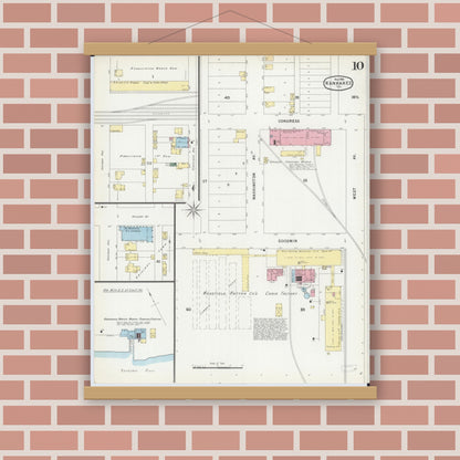 Old map wall art mockup — magnetic wood frame on brick wall — Sanborn Fire Insurance Map from Kankakee, Kankakee County, Illinois (1896), Sheet #0010