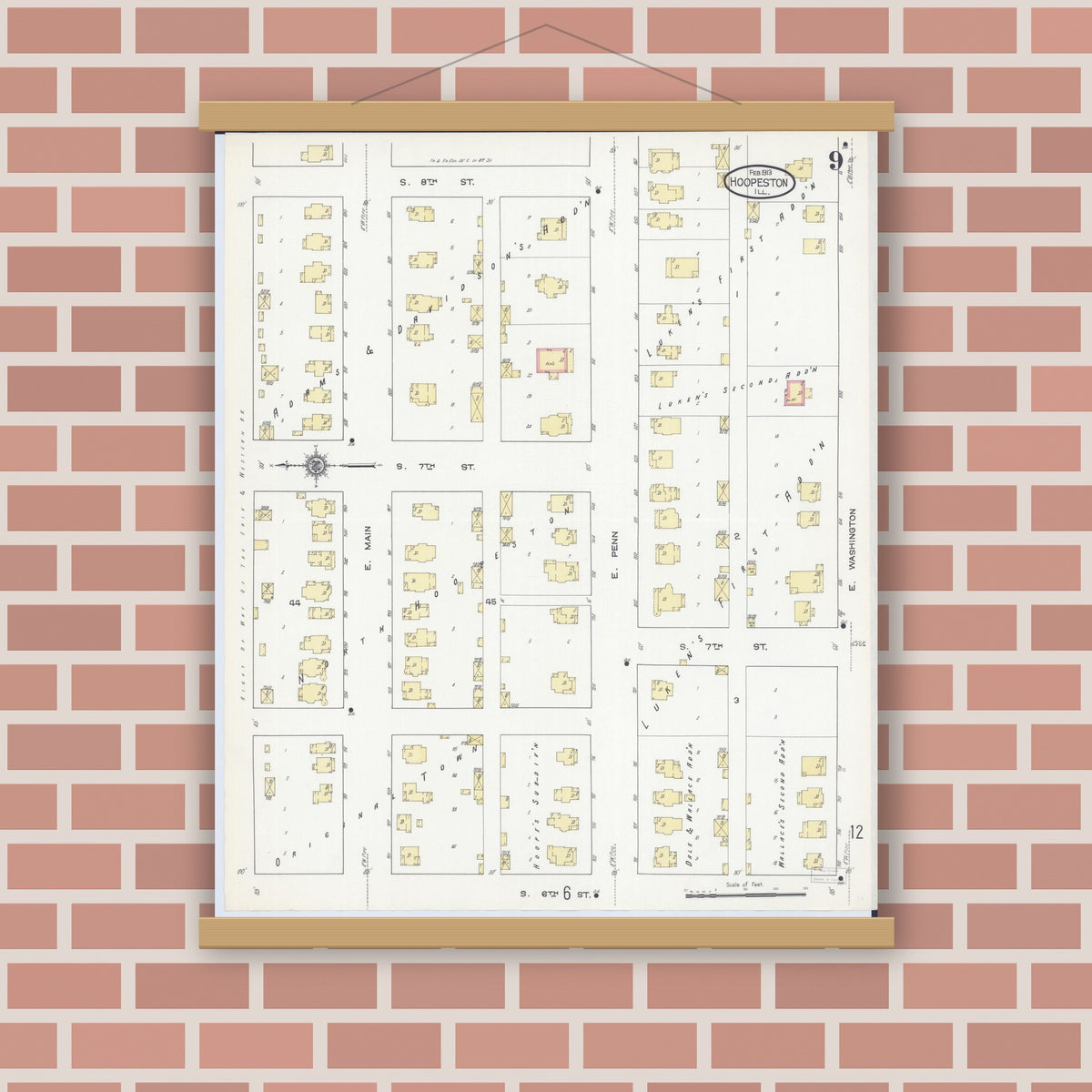 Old map wall art mockup — magnetic wood frame on brick wall — Sanborn Fire Insurance Map from Hoopeston, Vermilion County, Illinois (1913), Sheet #0009