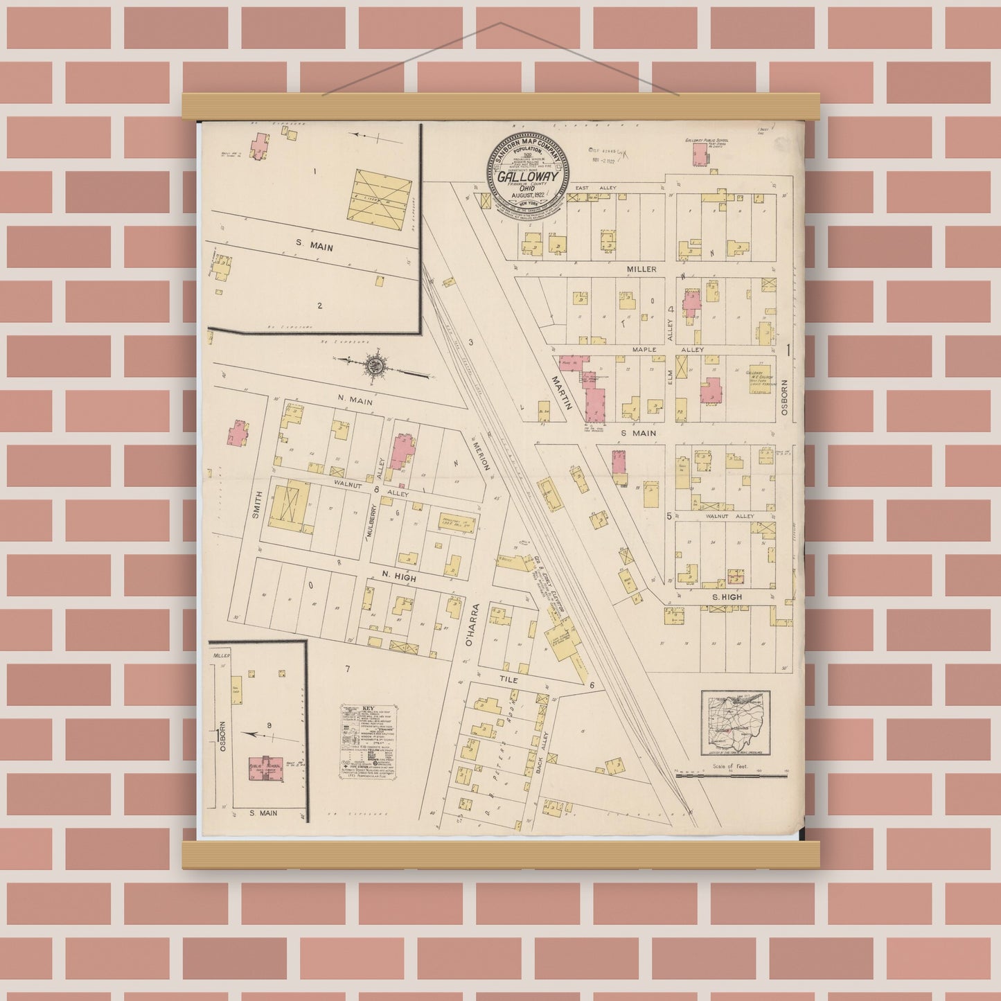 Old map wall art mockup — magnetic wood frame on brick wall — Sanborn Fire Insurance Map from Galloway, Franklin County, Ohio (1922), Sheet #0001