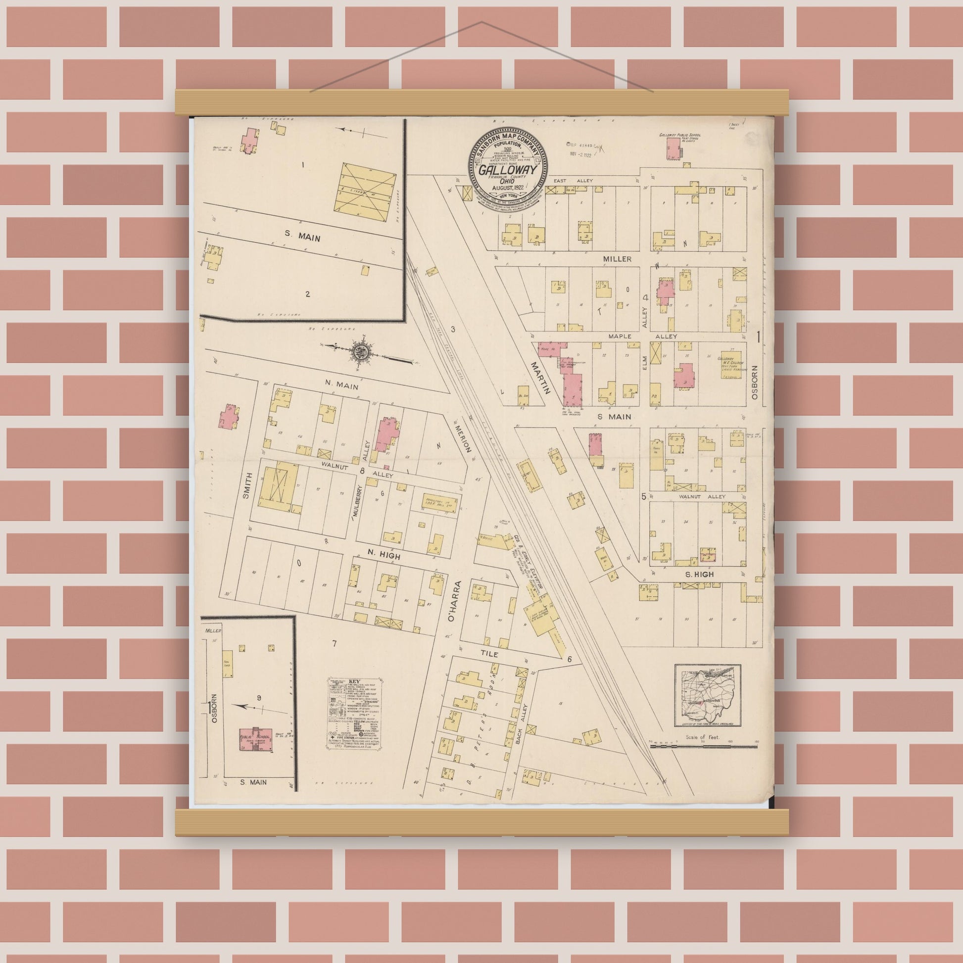 Old map wall art mockup — magnetic wood frame on brick wall — Sanborn Fire Insurance Map from Galloway, Franklin County, Ohio (1922), Sheet #0001