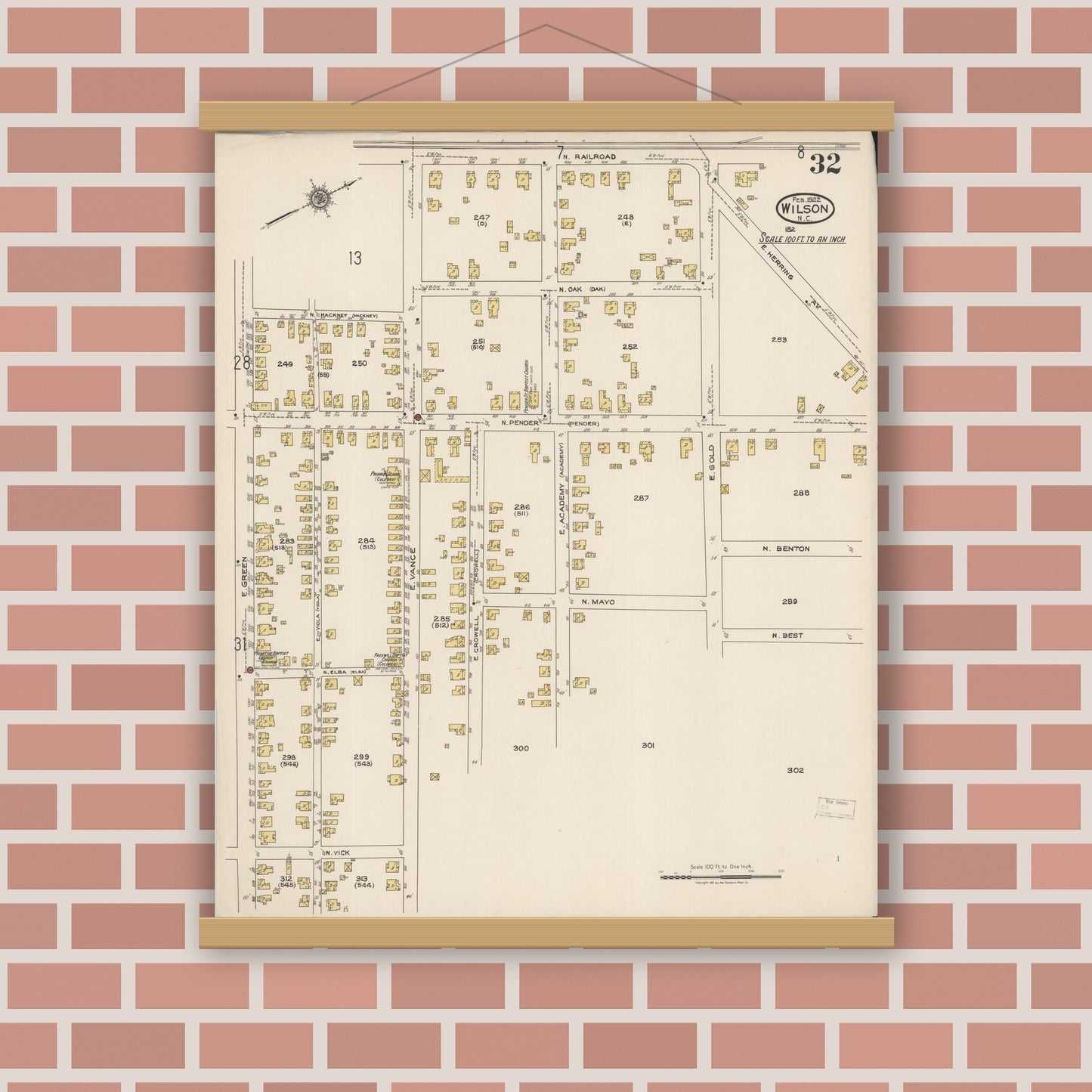 Old map wall art mockup — magnetic wood frame on brick wall — Sanborn Fire Insurance Map from Wilson, Wilson County, North Carolina (1922), Sheet #0032