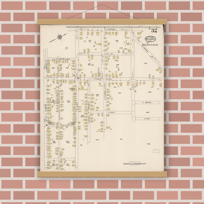 Old map wall art mockup — magnetic wood frame on brick wall — Sanborn Fire Insurance Map from Wilson, Wilson County, North Carolina (1922), Sheet #0032