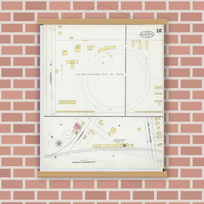 Old map wall art mockup — magnetic wood frame on brick wall — Sanborn Fire Insurance Map from Charlotte, Eaton County, Michigan (1904), Sheet #0012