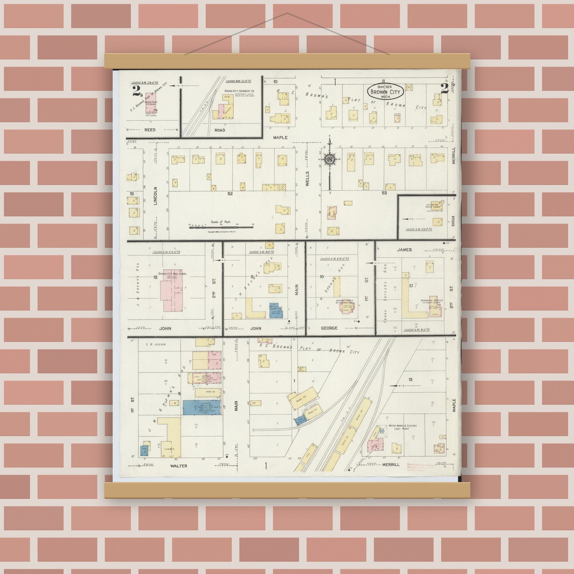 Old map wall art mockup — magnetic wood frame on brick wall — Sanborn Fire Insurance Map from Brown City, Sanilac County, Michigan (1924), Sheet #0002