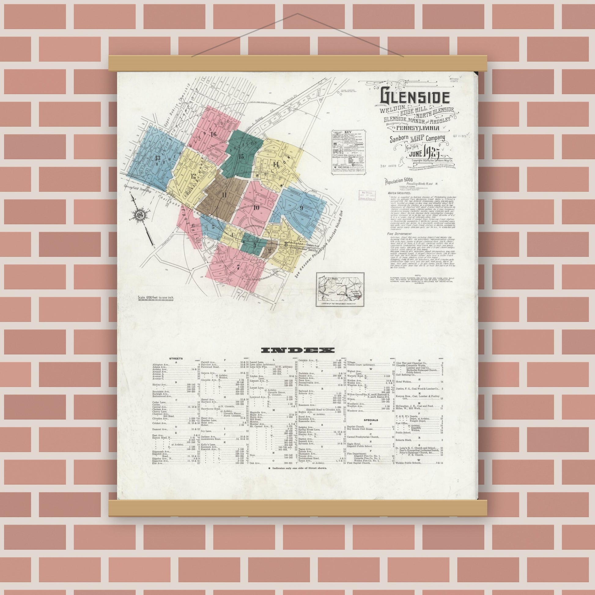 Old map wall art mockup — magnetic wood frame on brick wall — Sanborn Fire Insurance Map from Glenside, Montgomery County, Pennsylvania (1925) - Complete Map Set