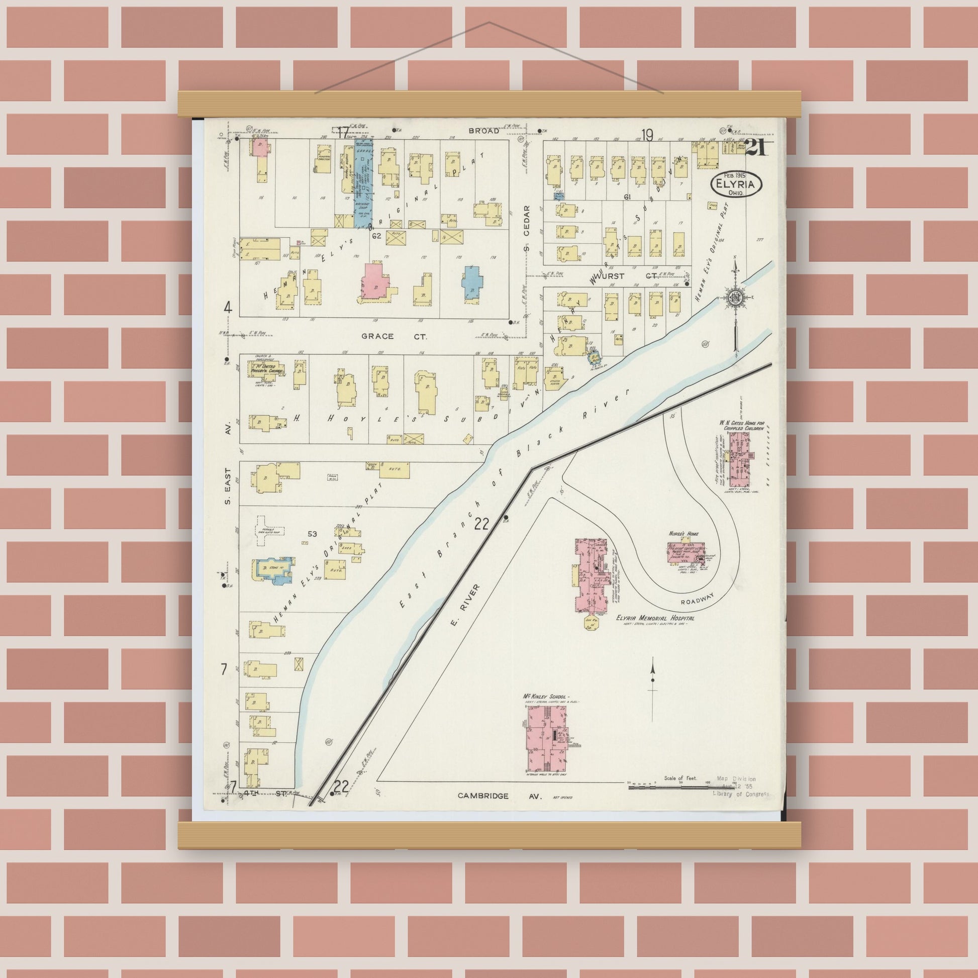 Old map wall art mockup — magnetic wood frame on brick wall — Sanborn Fire Insurance Map from Elyria, Lorain County, Ohio (1915), Sheet #0021
