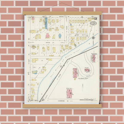 Old map wall art mockup — magnetic wood frame on brick wall — Sanborn Fire Insurance Map from Elyria, Lorain County, Ohio (1915), Sheet #0021