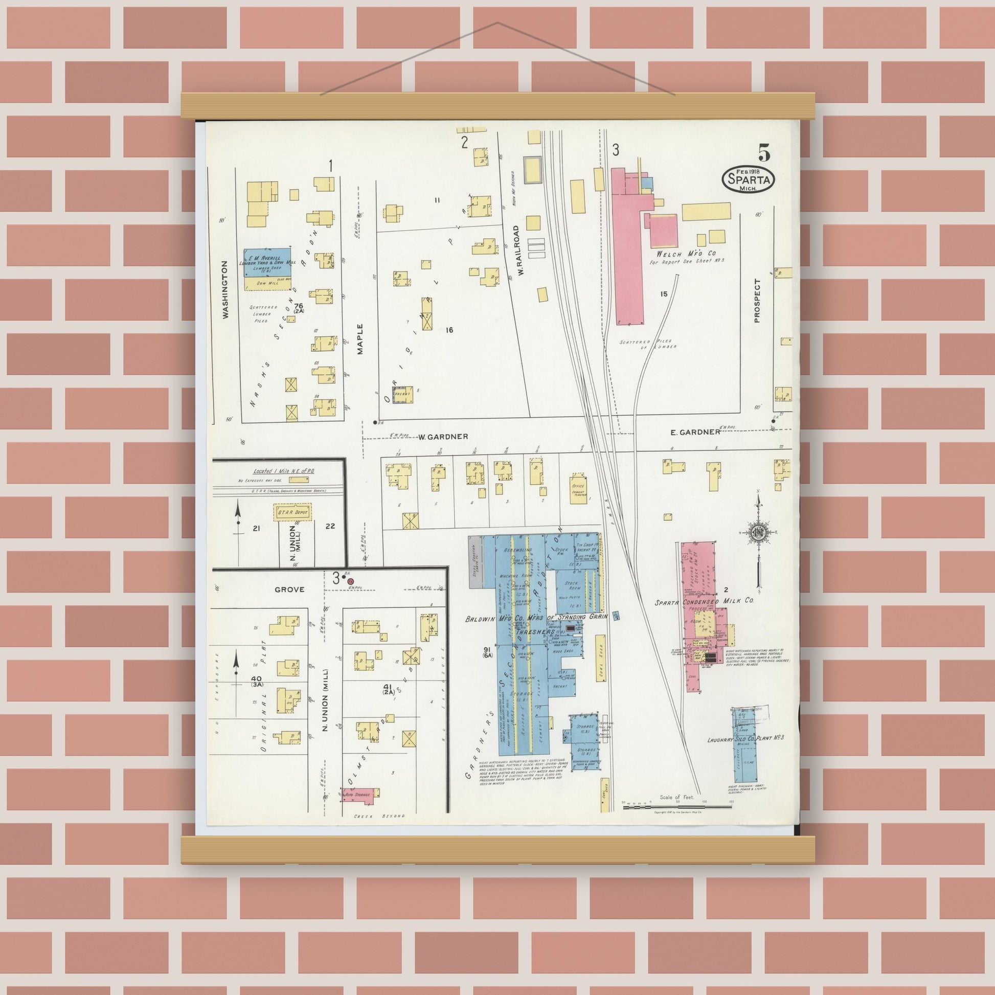 Old map wall art mockup — magnetic wood frame on brick wall — Sanborn Fire Insurance Map from Sparta, Kent County, Michigan (1918), Sheet #0005