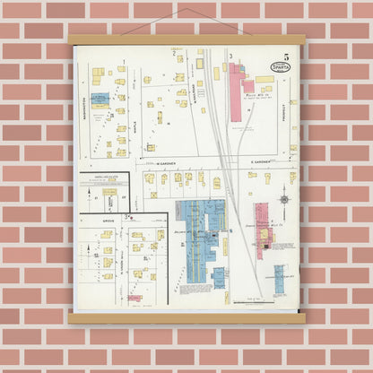 Old map wall art mockup — magnetic wood frame on brick wall — Sanborn Fire Insurance Map from Sparta, Kent County, Michigan (1918), Sheet #0005
