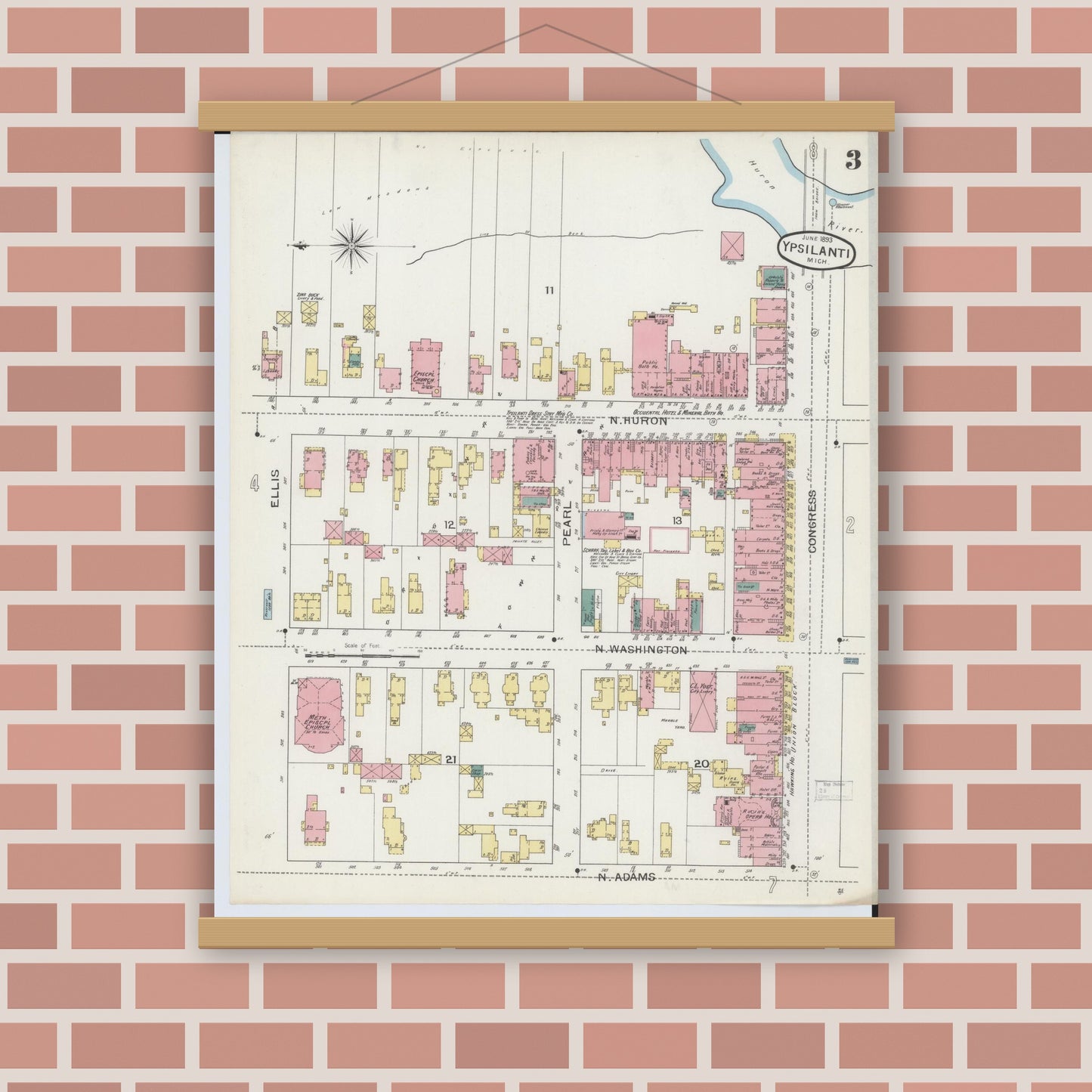 Old map wall art mockup — magnetic wood frame on brick wall — Sanborn Fire Insurance Map from Ypsilanti, Washtenaw County, Michigan (1893), Sheet #0003
