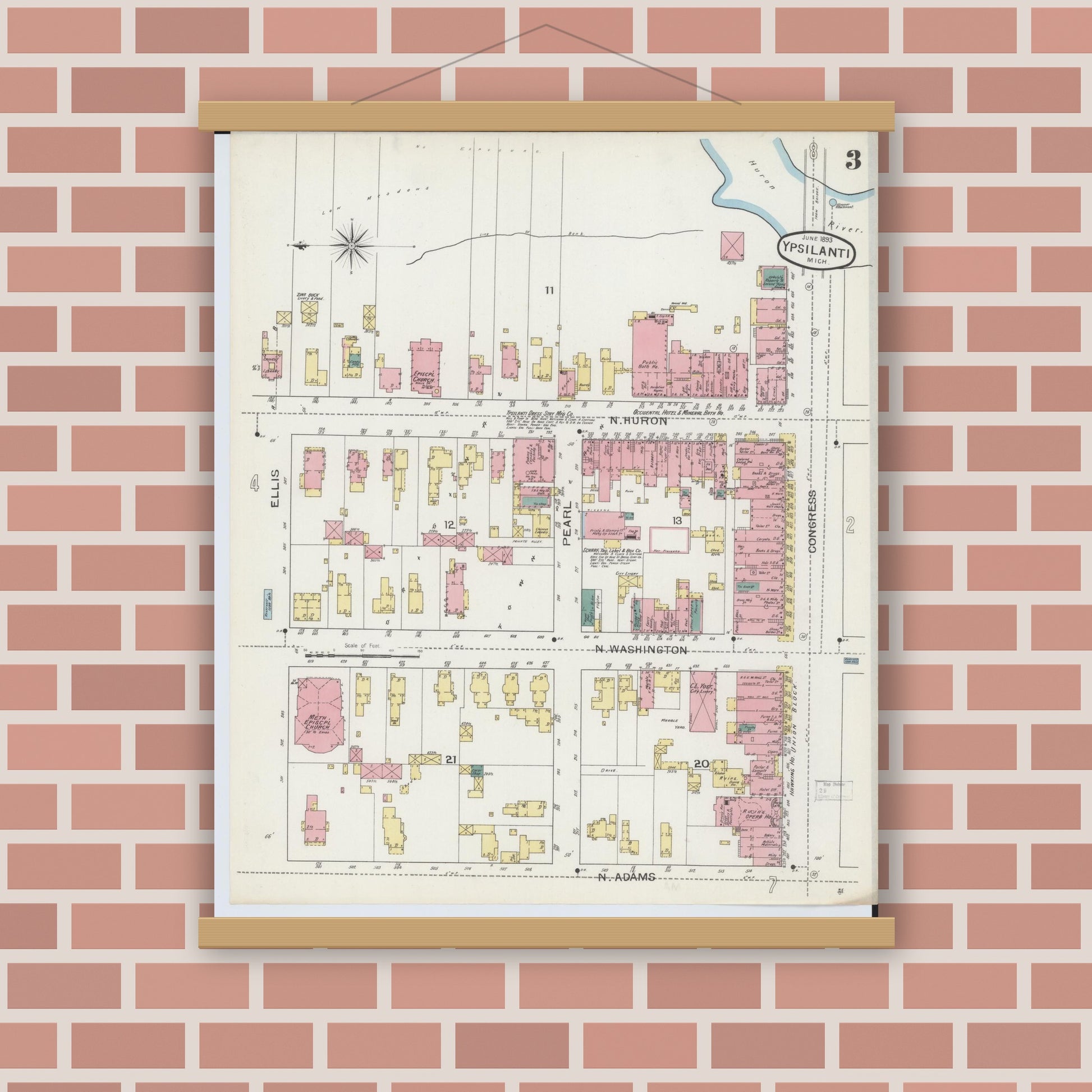 Old map wall art mockup — magnetic wood frame on brick wall — Sanborn Fire Insurance Map from Ypsilanti, Washtenaw County, Michigan (1893), Sheet #0003