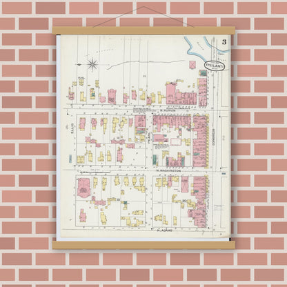 Old map wall art mockup — magnetic wood frame on brick wall — Sanborn Fire Insurance Map from Ypsilanti, Washtenaw County, Michigan (1893), Sheet #0003