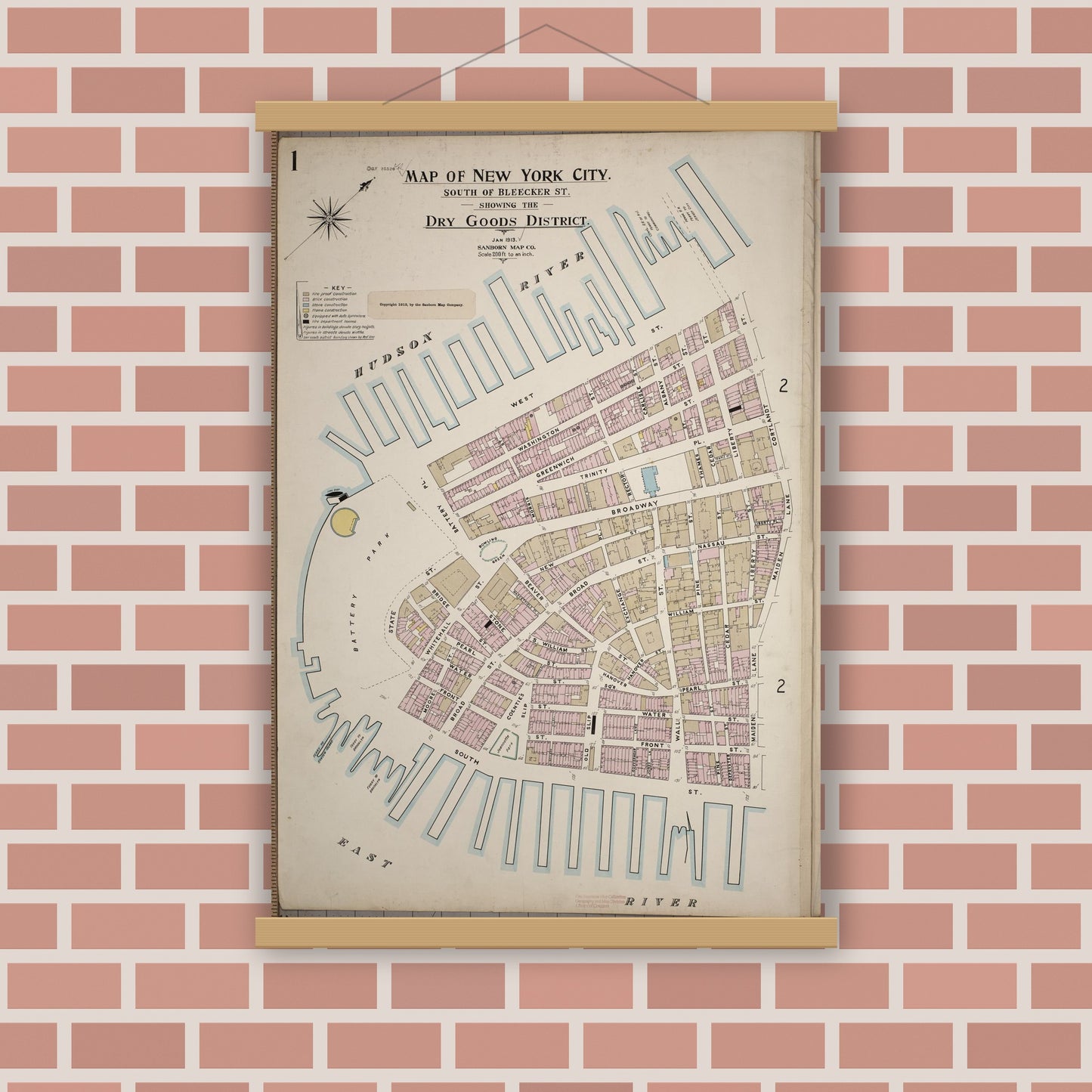 Old map wall art mockup — magnetic wood frame on brick wall — Sanborn Fire Insurance Map from New York; Special Atlases, New York, New York (1913) - Complete Map Set