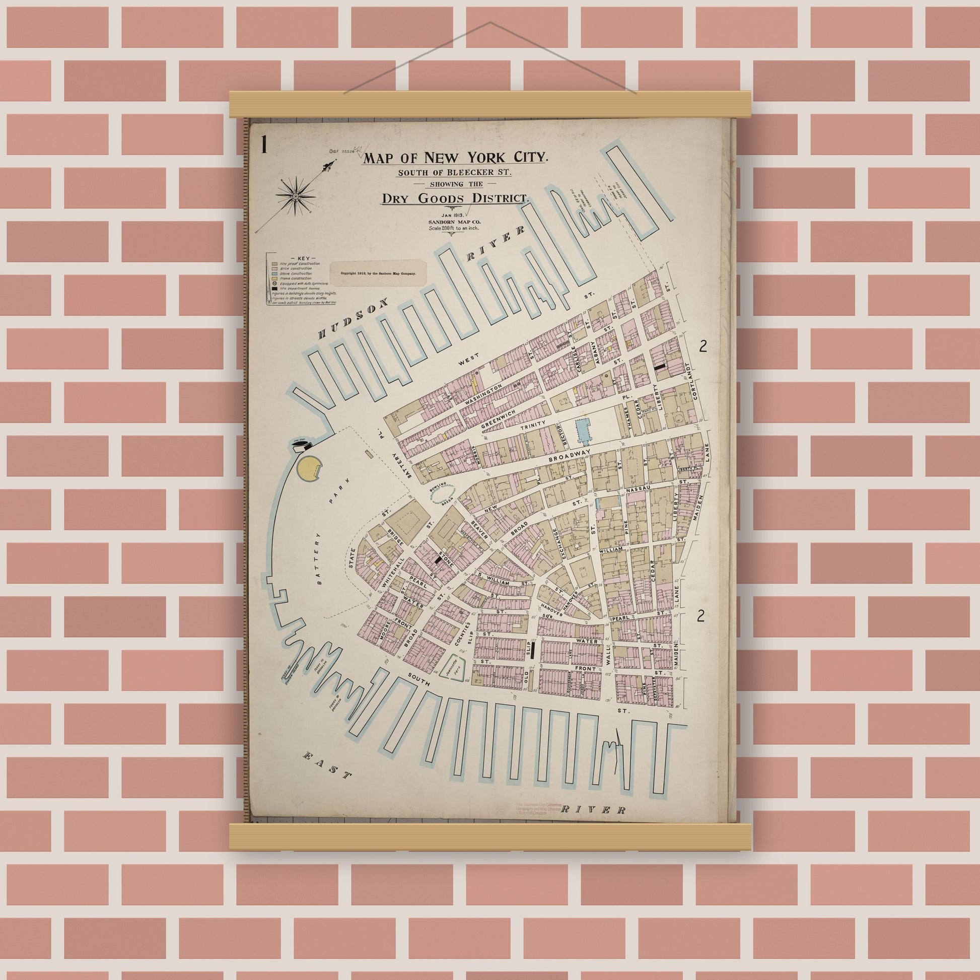 Old map wall art mockup — magnetic wood frame on brick wall — Sanborn Fire Insurance Map from New York; Special Atlases, New York, New York (1913) - Complete Map Set