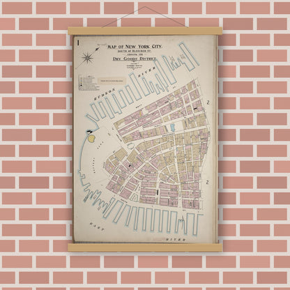 Old map wall art mockup — magnetic wood frame on brick wall — Sanborn Fire Insurance Map from New York; Special Atlases, New York, New York (1913) - Complete Map Set