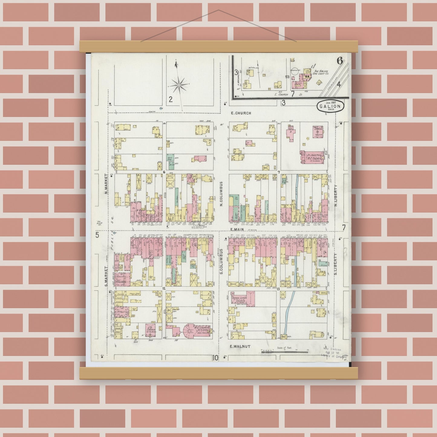 Old map wall art mockup — magnetic wood frame on brick wall — Sanborn Fire Insurance Map from Galion, Crawford County, Ohio (1897), Sheet #0006
