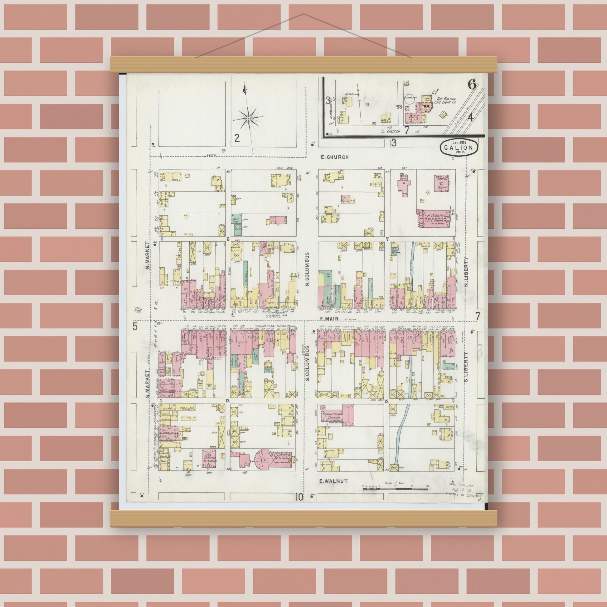 Old map wall art mockup — magnetic wood frame on brick wall — Sanborn Fire Insurance Map from Galion, Crawford County, Ohio (1897), Sheet #0006