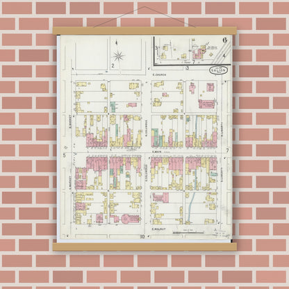 Old map wall art mockup — magnetic wood frame on brick wall — Sanborn Fire Insurance Map from Galion, Crawford County, Ohio (1897), Sheet #0006