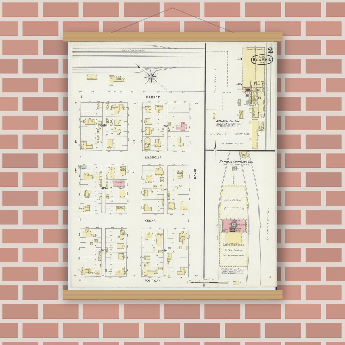 Old map wall art mockup — magnetic wood frame on brick wall — Sanborn Fire Insurance Map from Hearne, Robertson County, Texas (1896), Sheet #0002