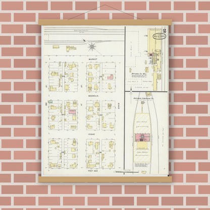 Old map wall art mockup — magnetic wood frame on brick wall — Sanborn Fire Insurance Map from Hearne, Robertson County, Texas (1896), Sheet #0002