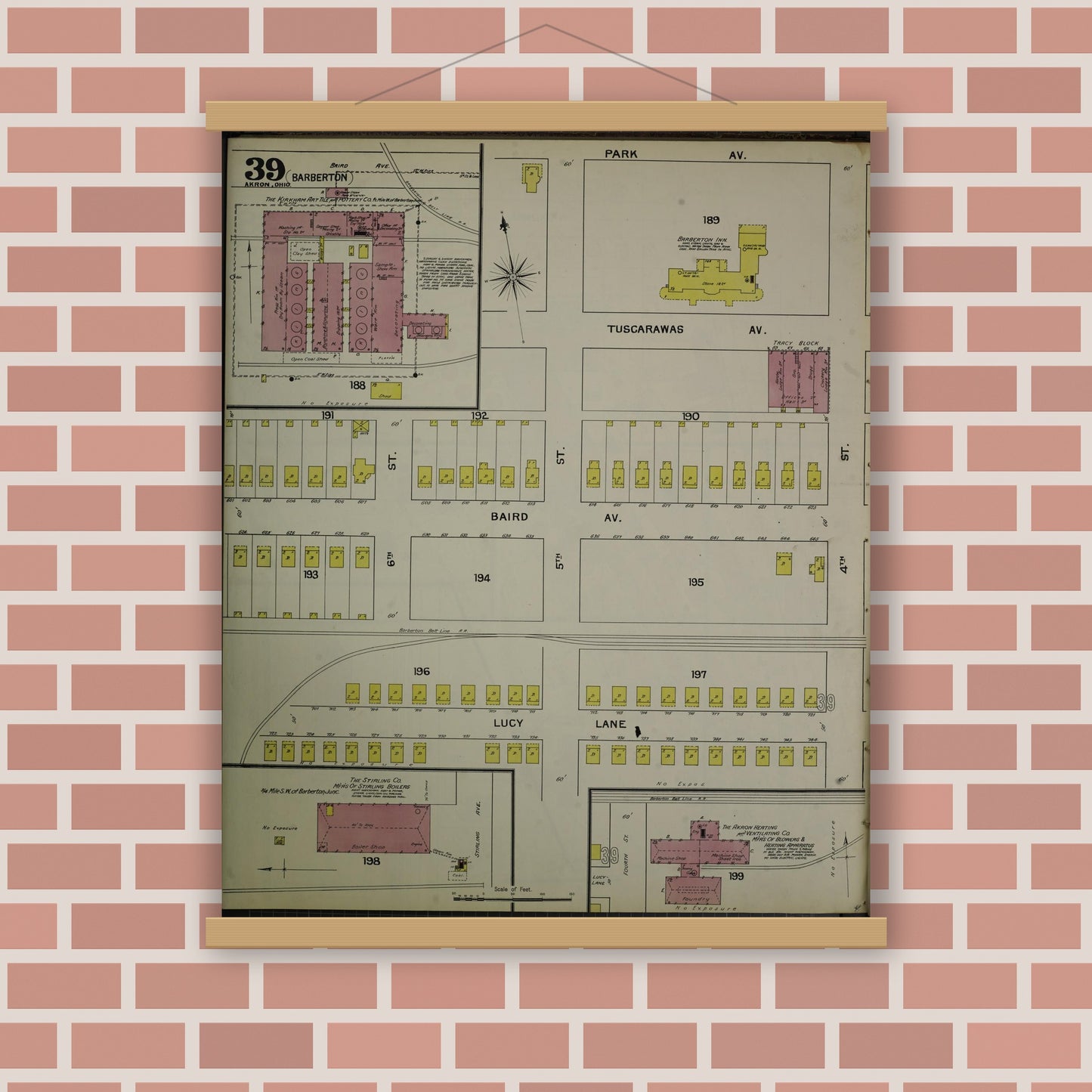 Old map wall art mockup — magnetic wood frame on brick wall — Sanborn Fire Insurance Map from Akron, Summit County, Ohio (1892), Sheet #0039