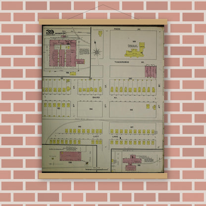 Old map wall art mockup — magnetic wood frame on brick wall — Sanborn Fire Insurance Map from Akron, Summit County, Ohio (1892), Sheet #0039