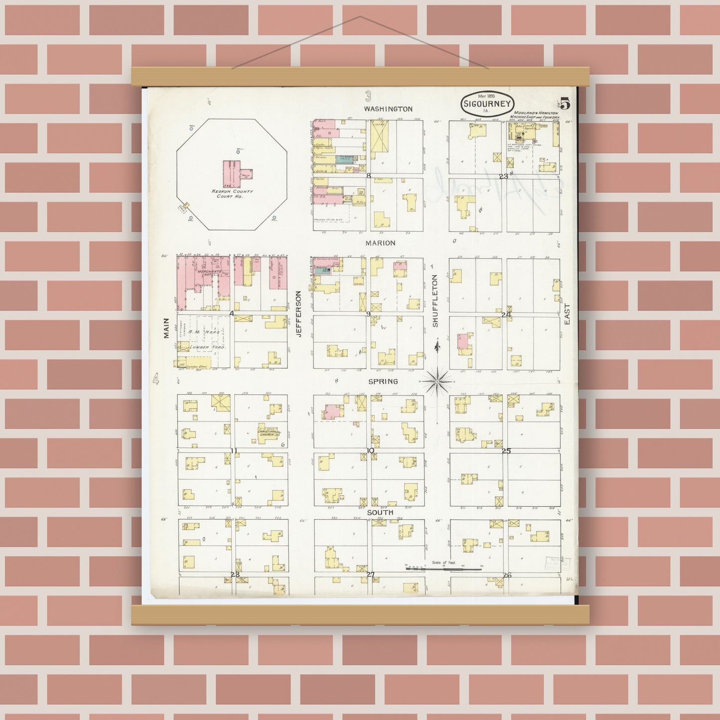 Old map wall art mockup — magnetic wood frame on brick wall — Sanborn Fire Insurance Map from Sigourney, Kiokuk County, Iowa (1893), Sheet #0005
