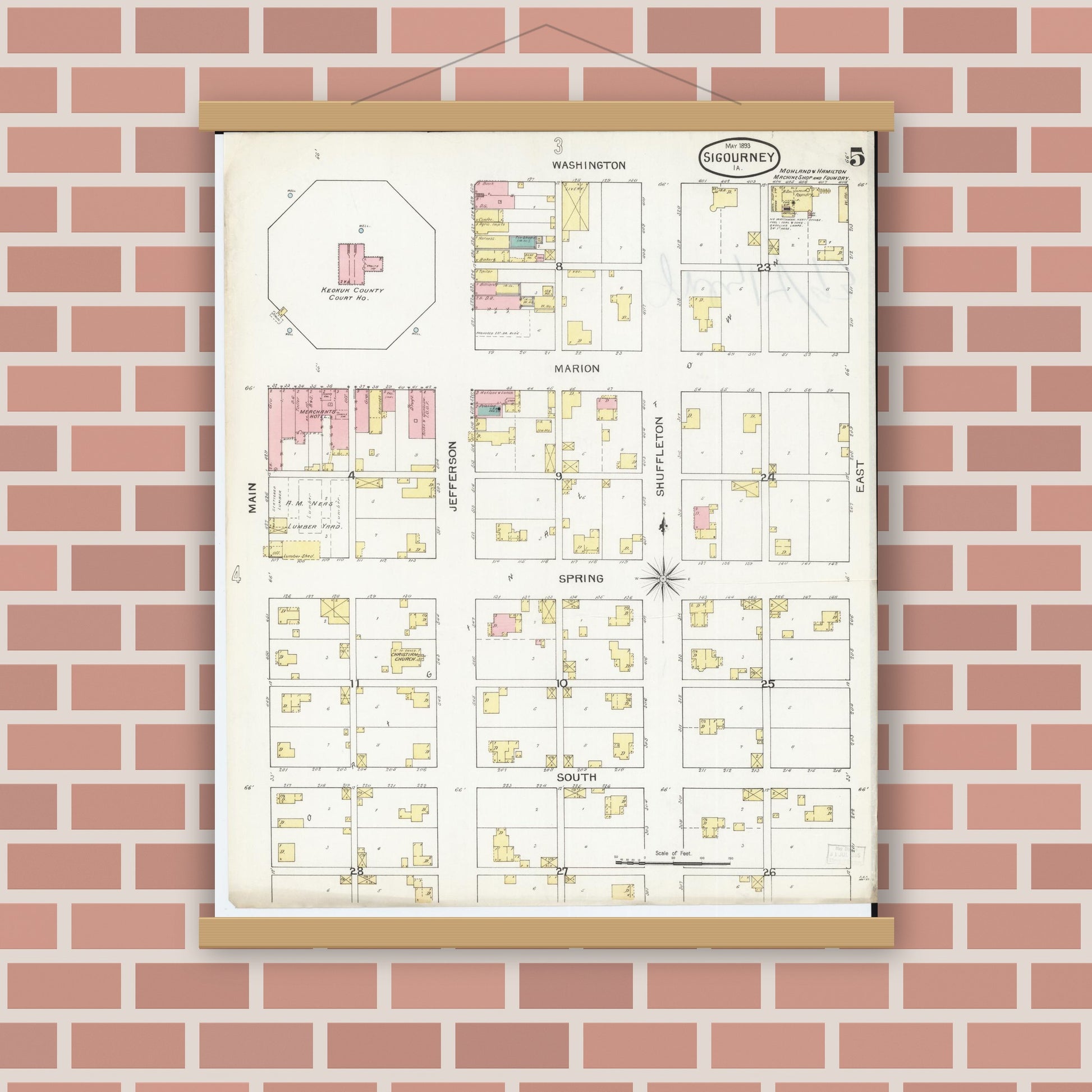 Old map wall art mockup — magnetic wood frame on brick wall — Sanborn Fire Insurance Map from Sigourney, Kiokuk County, Iowa (1893), Sheet #0005