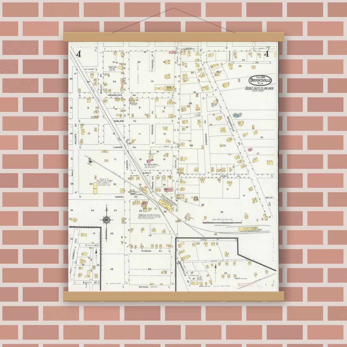 Old map wall art mockup — magnetic wood frame on brick wall — Sanborn Fire Insurance Map from Brooksville, Hernando County, Florida (1924), Sheet #0004