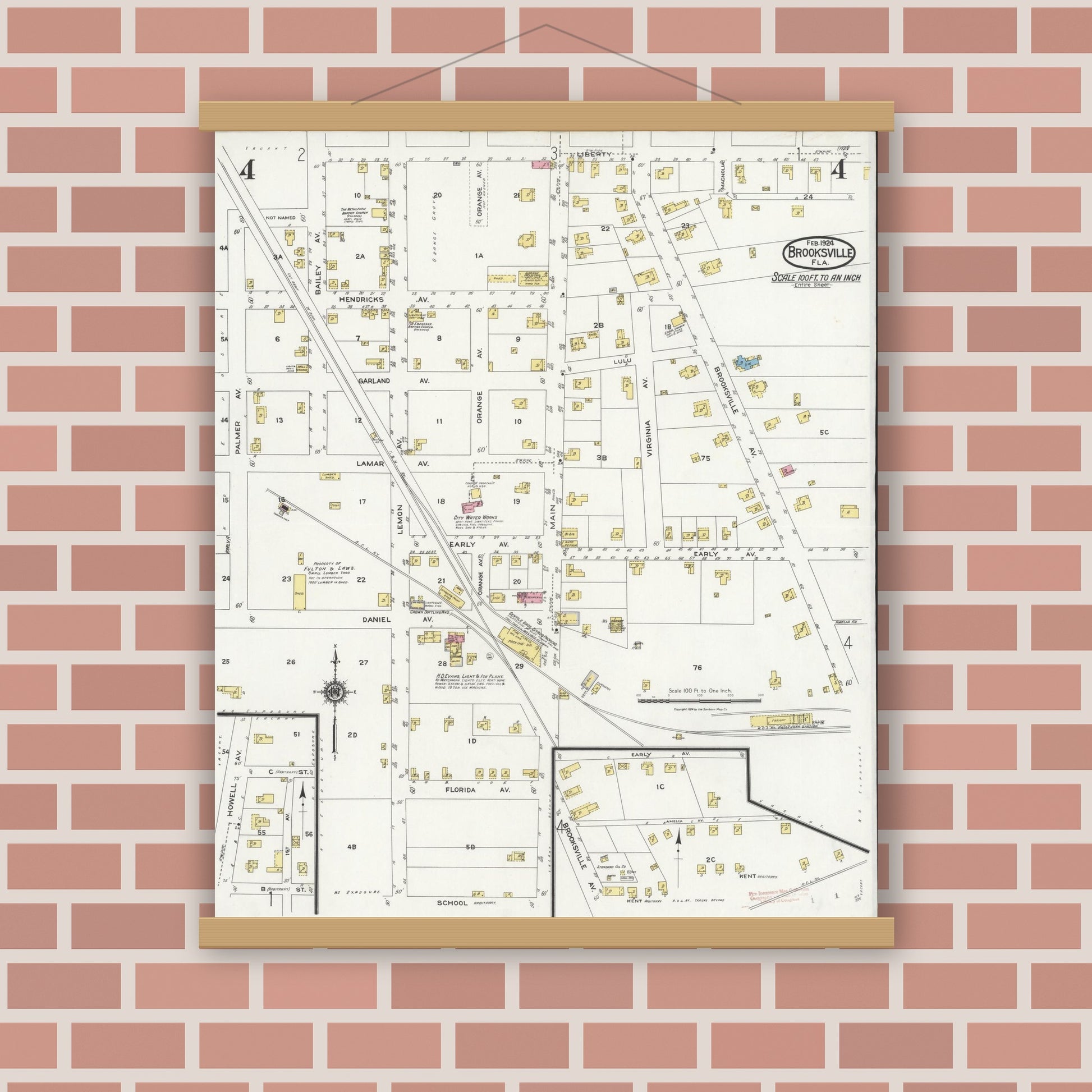 Old map wall art mockup — magnetic wood frame on brick wall — Sanborn Fire Insurance Map from Brooksville, Hernando County, Florida (1924), Sheet #0004