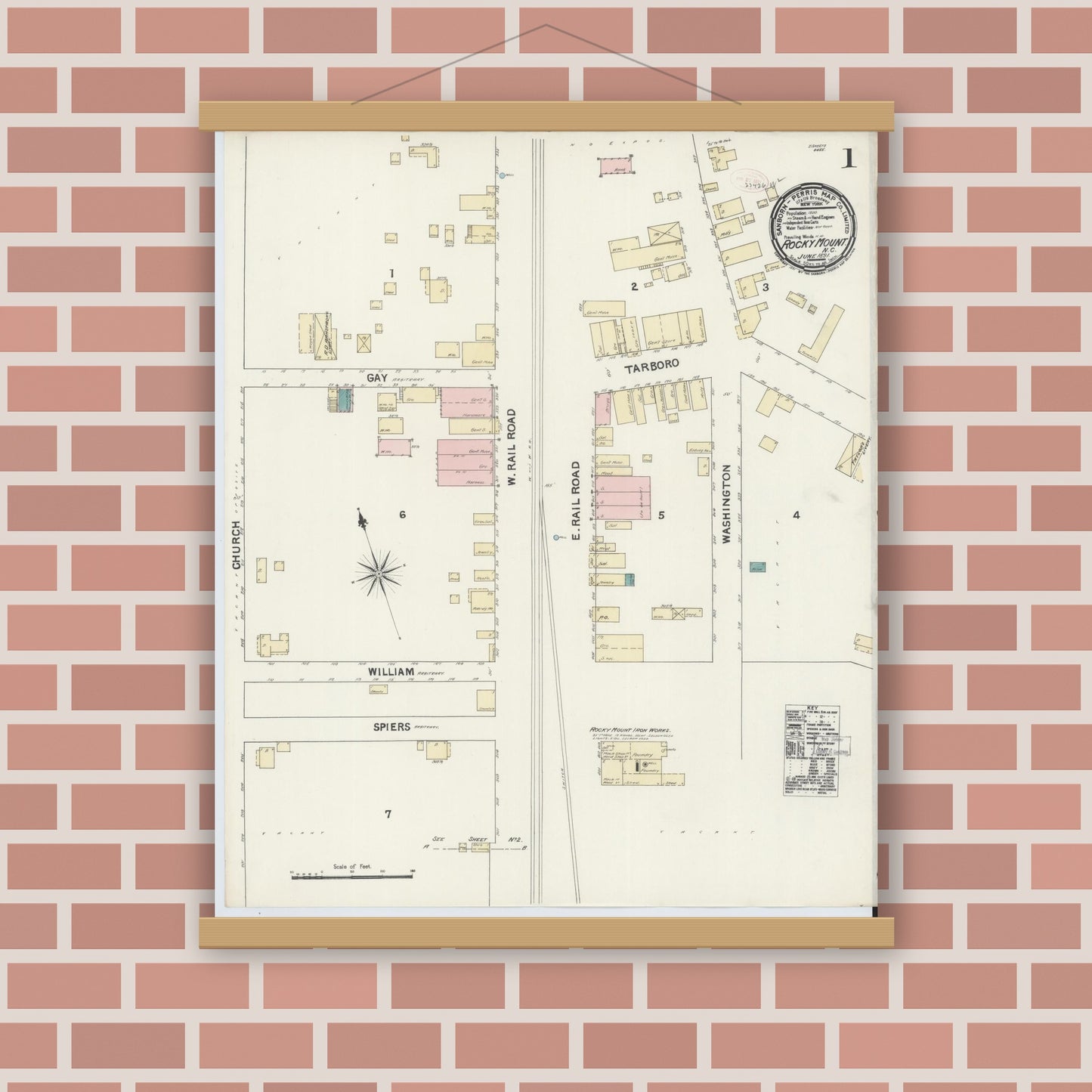 Old map wall art mockup — magnetic wood frame on brick wall — Sanborn Fire Insurance Map from Rocky Mount, Edgecombe And Nash Counties, North Carolina (1891) - Complete Map Set
