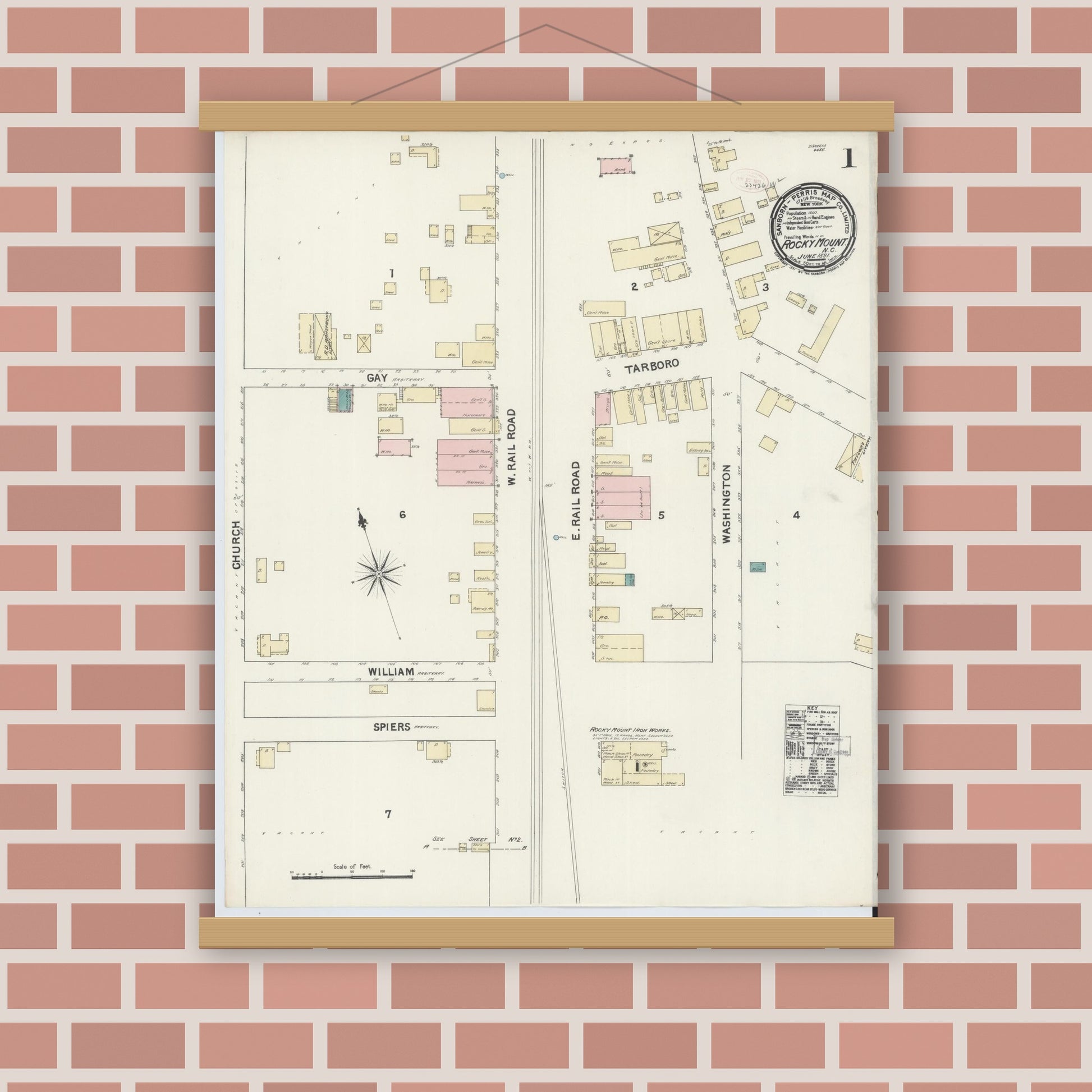 Old map wall art mockup — magnetic wood frame on brick wall — Sanborn Fire Insurance Map from Rocky Mount, Edgecombe And Nash Counties, North Carolina (1891) - Complete Map Set
