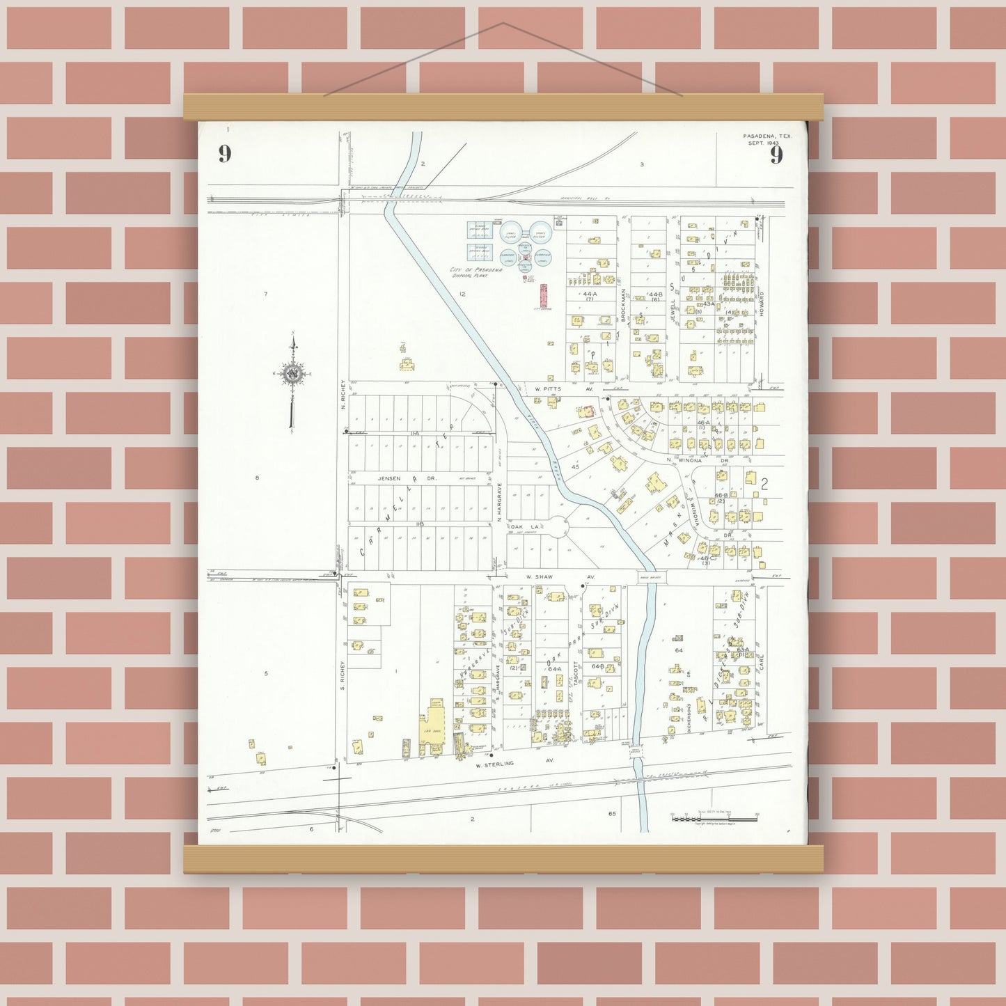 Old map wall art mockup — magnetic wood frame on brick wall — Sanborn Fire Insurance Map from Pasadena, Harris County, Texas (1943), Sheet #0009