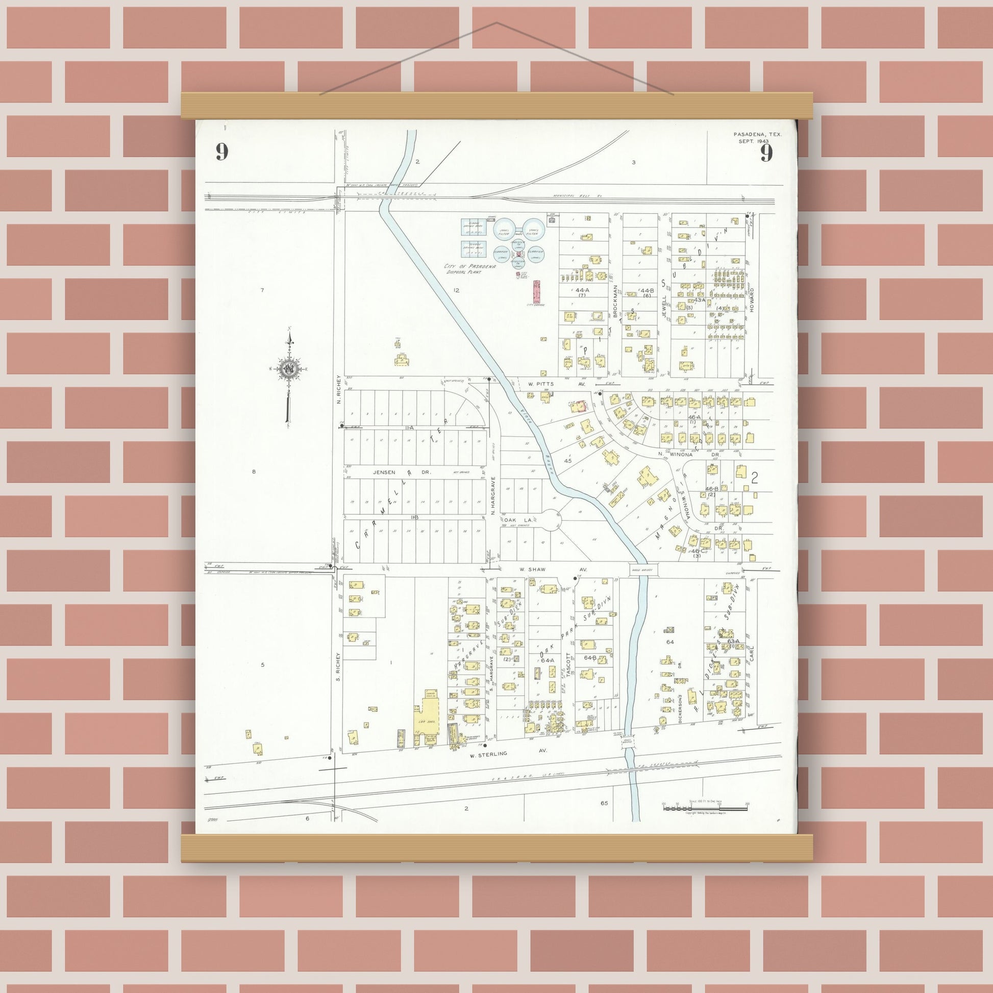 Old map wall art mockup — magnetic wood frame on brick wall — Sanborn Fire Insurance Map from Pasadena, Harris County, Texas (1943), Sheet #0009