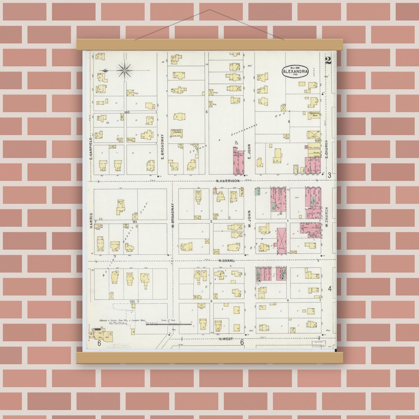 Old map wall art mockup — magnetic wood frame on brick wall — Sanborn Fire Insurance Map from Alexandria, Madison County, Indiana (1896), Sheet #0002