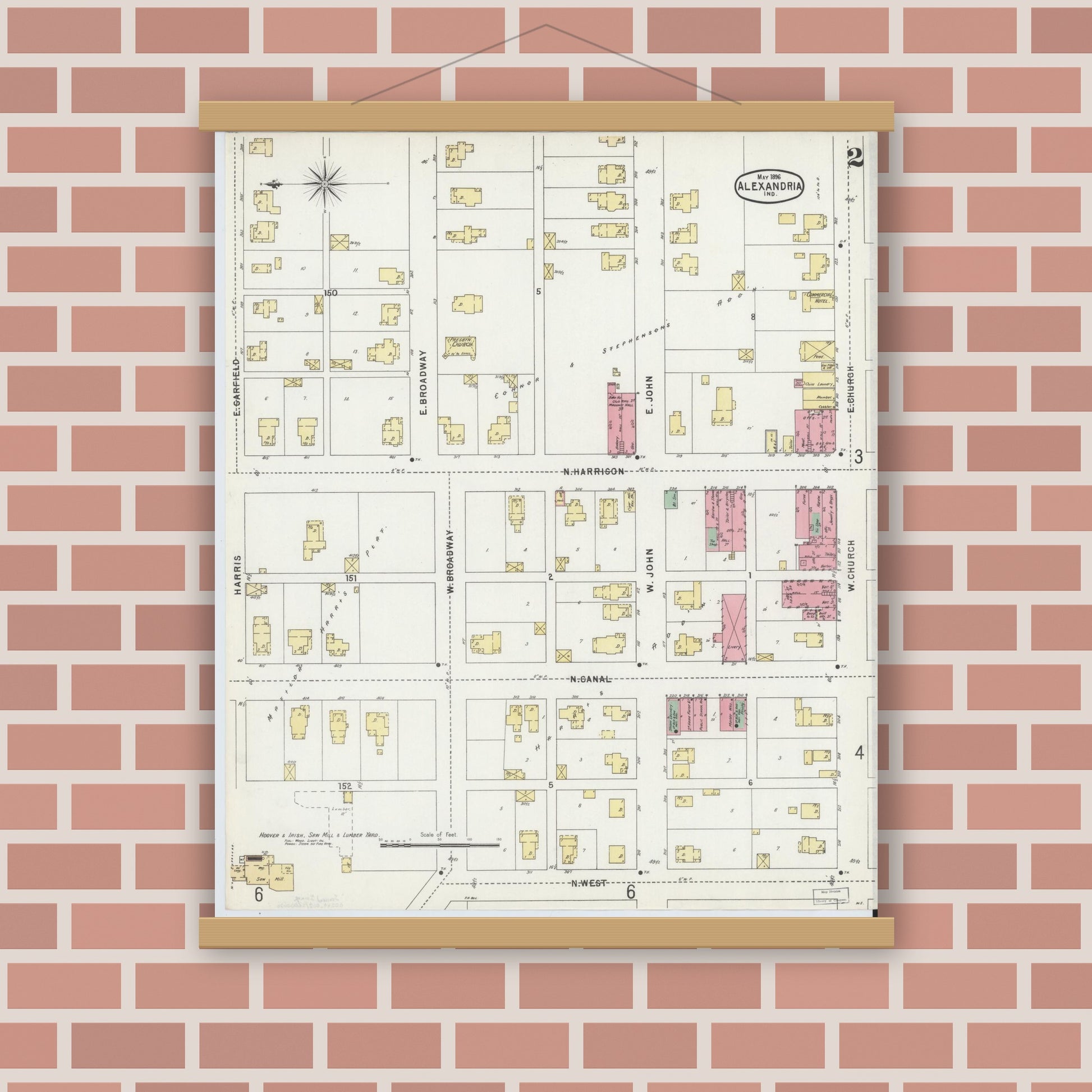 Old map wall art mockup — magnetic wood frame on brick wall — Sanborn Fire Insurance Map from Alexandria, Madison County, Indiana (1896), Sheet #0002