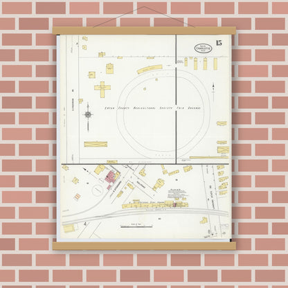 Old map wall art mockup — magnetic wood frame on brick wall — Sanborn Fire Insurance Map from Charlotte, Eaton County, Michigan (1911), Sheet #0015